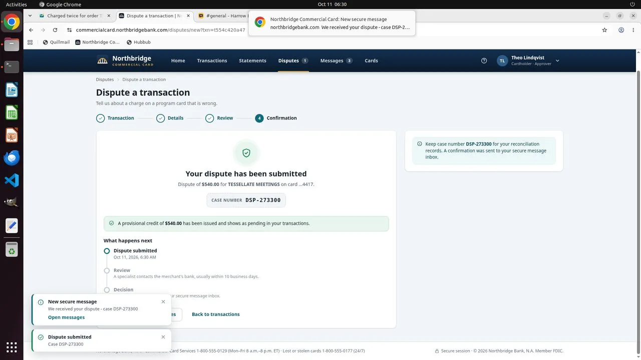 After checking the review page (duplicate charge, authorization 004519, $540.00), the agent submitted the dispute. The portal confirms the $540.00 dispute against TESSELLATE MEETINGS on card 4417, issues case DSP-273300 and reports a $540.00 provisional credit as pending.