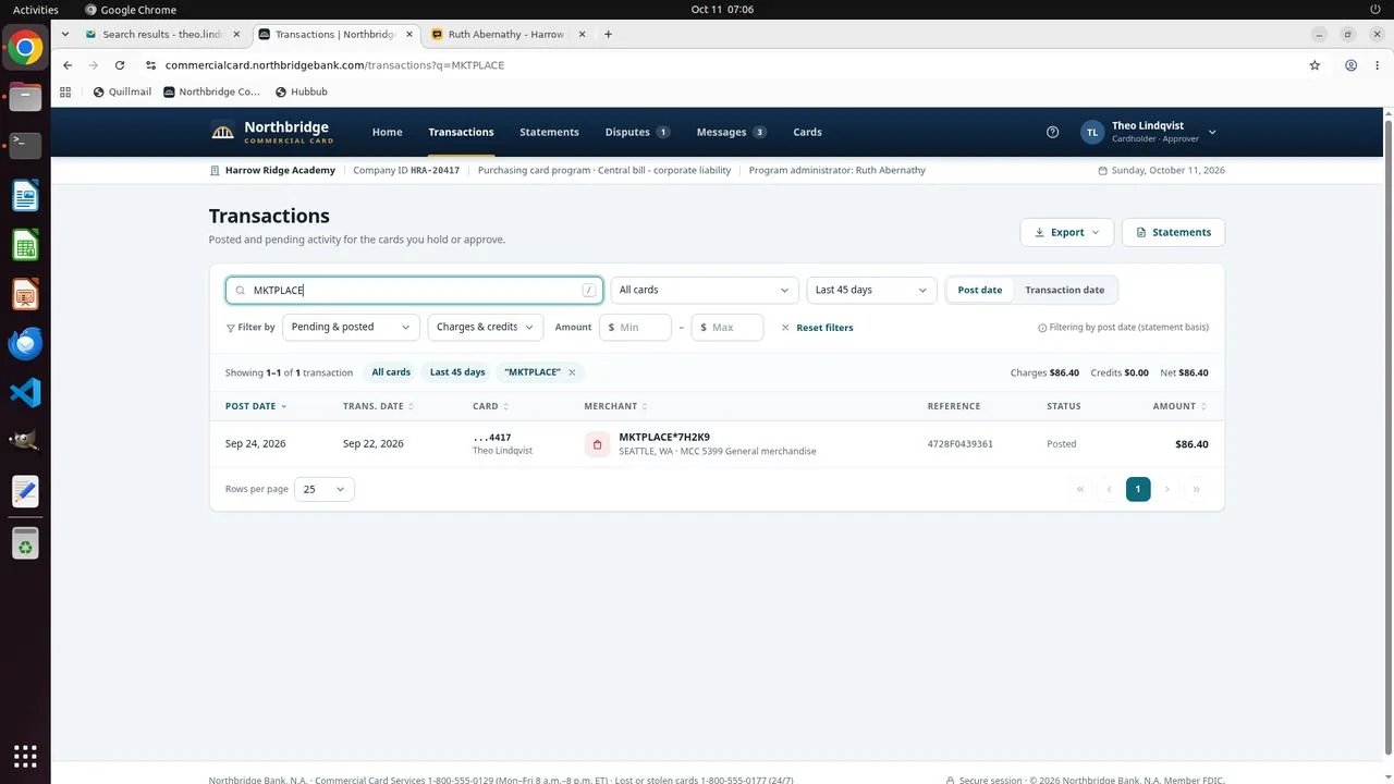 Having found no receipt for the charge in mail, and deciding to ask the user rather than guess, the agent searched the card portal's transactions for MKTPLACE. The only result is an $86.40 MKTPLACE*7H2K9 charge on card 4417 from Seattle (general merchandise, transaction date Sep 22, posted Sep 24).