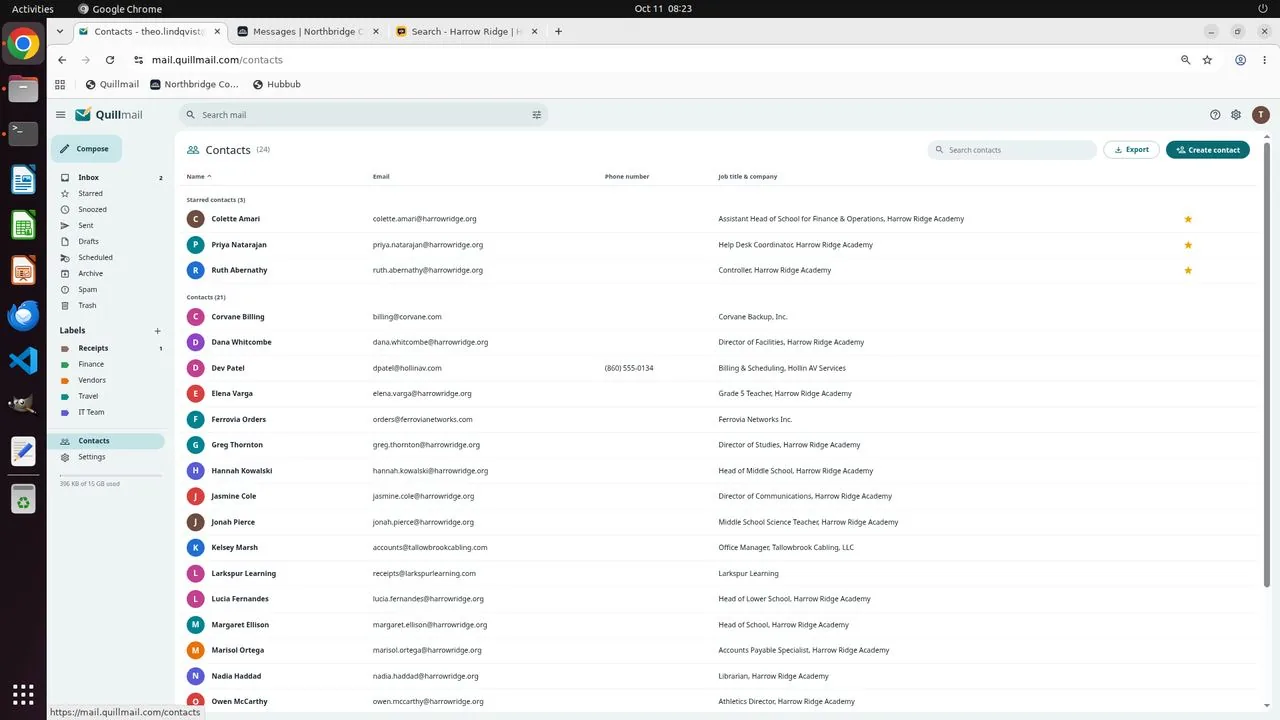 The agent opened Quillmail's contacts to look up the Hollin and Larkspur billing contacts before writing the invoice requests. The address book is out of date: it still lists Dev Patel for Hollin and only the no-reply receipts@ mailbox for Larkspur; the current billing contacts the agent goes on to write to, Grace Petrakis (Hollin) and Mateo Ruiz (Larkspur), are not in it.