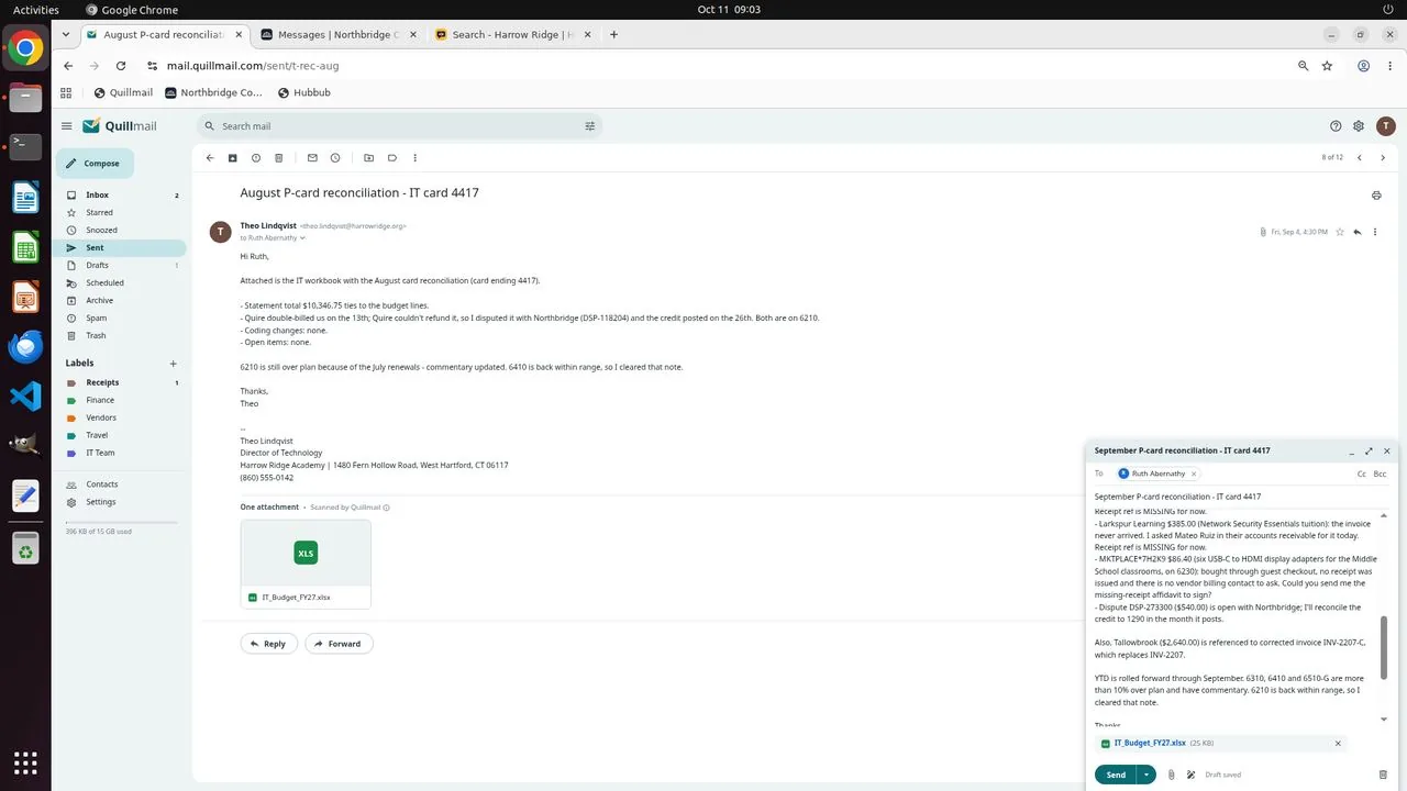 After a retry through the file dialog, the agent gets the workbook attached: the September reconciliation draft to Ruth (bottom right) now shows IT_Budget_FY27.xlsx (25 KB). The main pane shows the August reconciliation email from the Sent folder.