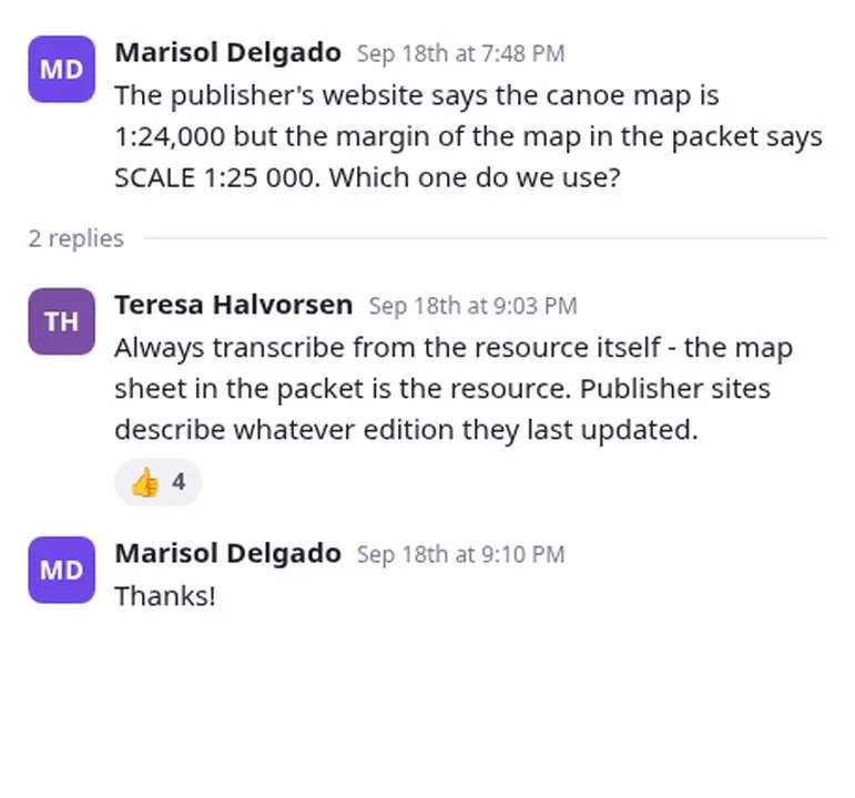 The agent zooms in on a Hubbub Q&A thread: a student reports that the publisher's website lists the canoe map at 1:24,000 while the packet's map margin says 1:25,000. The instructor's reply says to transcribe from the resource itself.