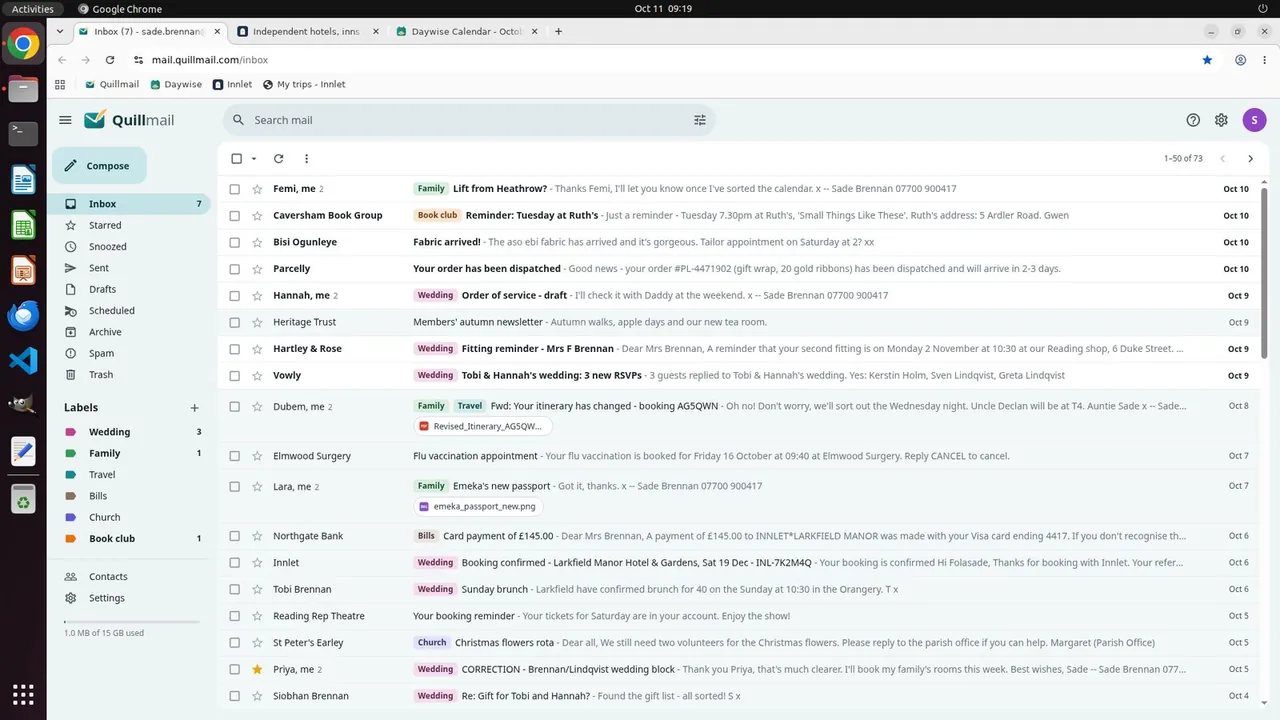 The desktop as the agent first sees it: Sade's Quillmail inbox with 73 messages, where the boys' itinerary change, Emeka's new-passport photo and the hotel's CORRECTION email sit among other wedding mail and messages from the book club, church and bank. Innlet and her Daywise calendar are open in the other two tabs.