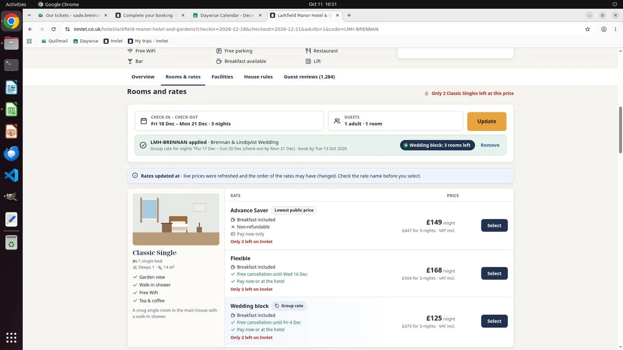 In a new tab the agent prices Auntie Yetunde's single for 18–21 December: £375 on the wedding rate, £504 Flexible and £447 Advance Saver. The parents' checkout, not yet confirmed, stays open in the 'Complete your booking' tab while the agent collects these prices for the question it means to put to Sade.