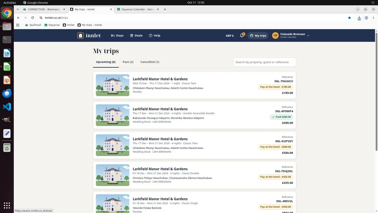 Innlet's My trips page after the last booking, which the agent opened to check that all five bookings were there. The five new family bookings are listed with their references, dates, guests, rates and payment status (the parents' room paid, the others to pay at the hotel), and the Upcoming count of 6 means Sade and Declan's own room is also listed further down.