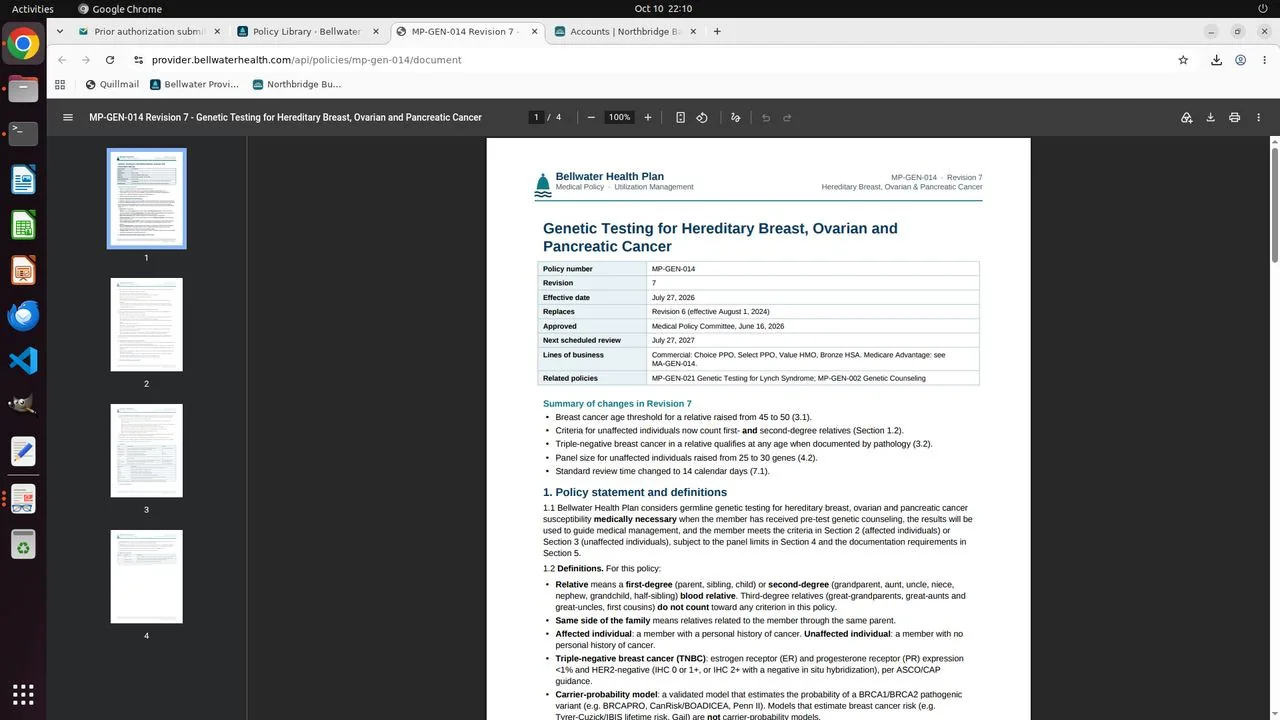 The current policy MP-GEN-014 Revision 7 (effective July 27, 2026), opened from the Bellwater portal's Policy Library. The agent had noted that another saved policy file might be outdated, so it relied on the portal version.