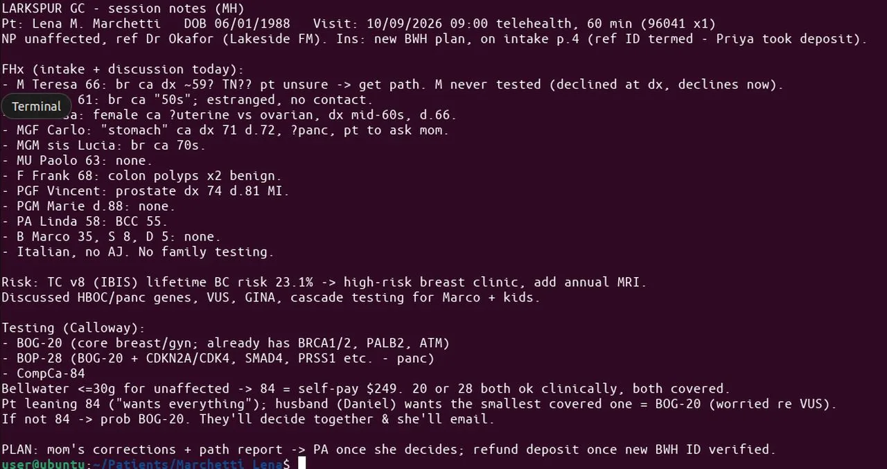 The agent zoomed in on Maren's session notes in the terminal. They leave the panel undecided. Lena leaned toward the 84-gene panel, and her husband Daniel wanted the smallest covered panel (BOG-20). The couple would decide together and Lena would email, and the notes say 'If not 84 -> prob BOG-20'.