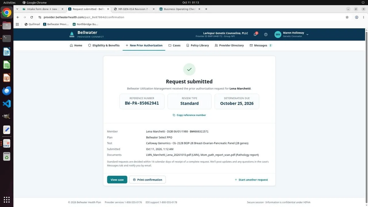 Bellwater portal confirmation after submission: reference BW-PA-85062941, Standard review, determination due October 25, 2026.