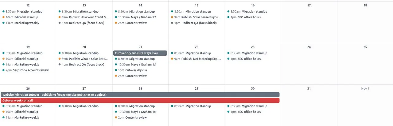 October month view after booking: new 9:00 Publish events on Tue Oct 20 and Thu Oct 22, the Oct 13/15 bookings untouched, and no Publish event in the Oct 26–30 freeze week, which holds only the freeze and on-call banners, standups and meetings. The other four land on Nov 3, 5, 10 and 12, after the freeze.