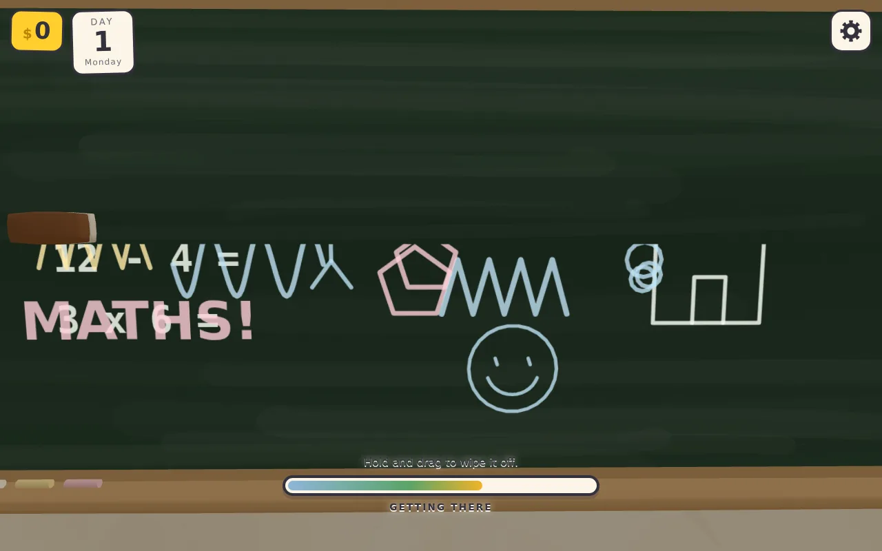 Wiping the board: dragging the eraser clears the chalk scribbles stroke by stroke, and the top half is already clean.