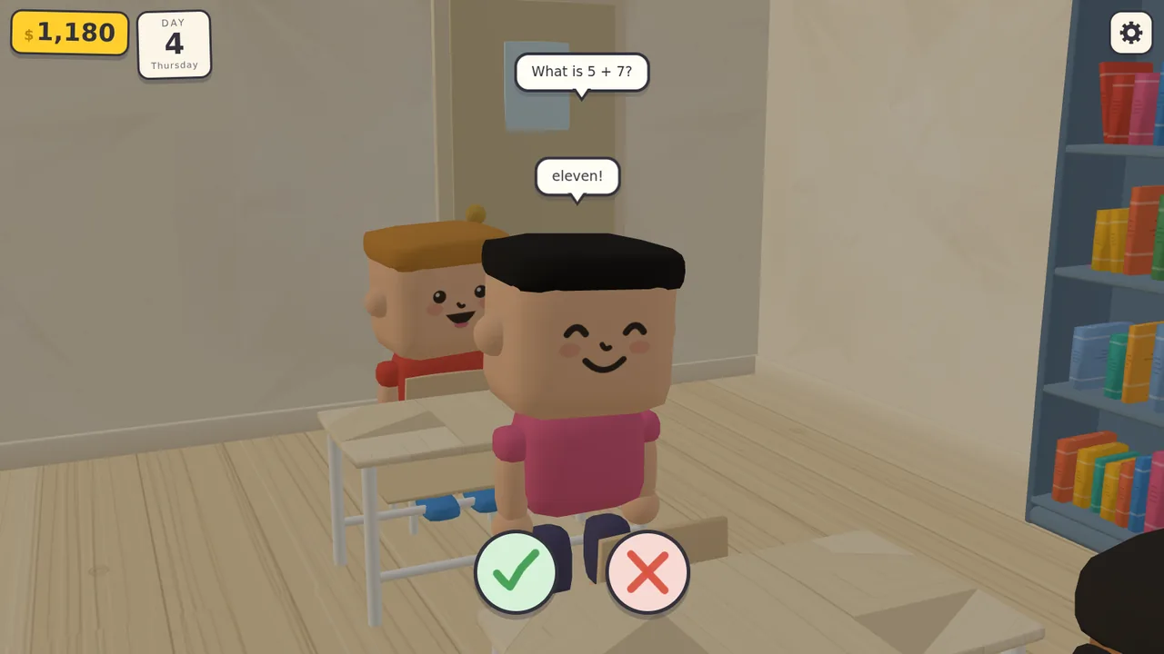 Asking the class, the day's last lesson: a student answers 'eleven' to 5 + 7, and the teacher judges it with the tick or the cross.
