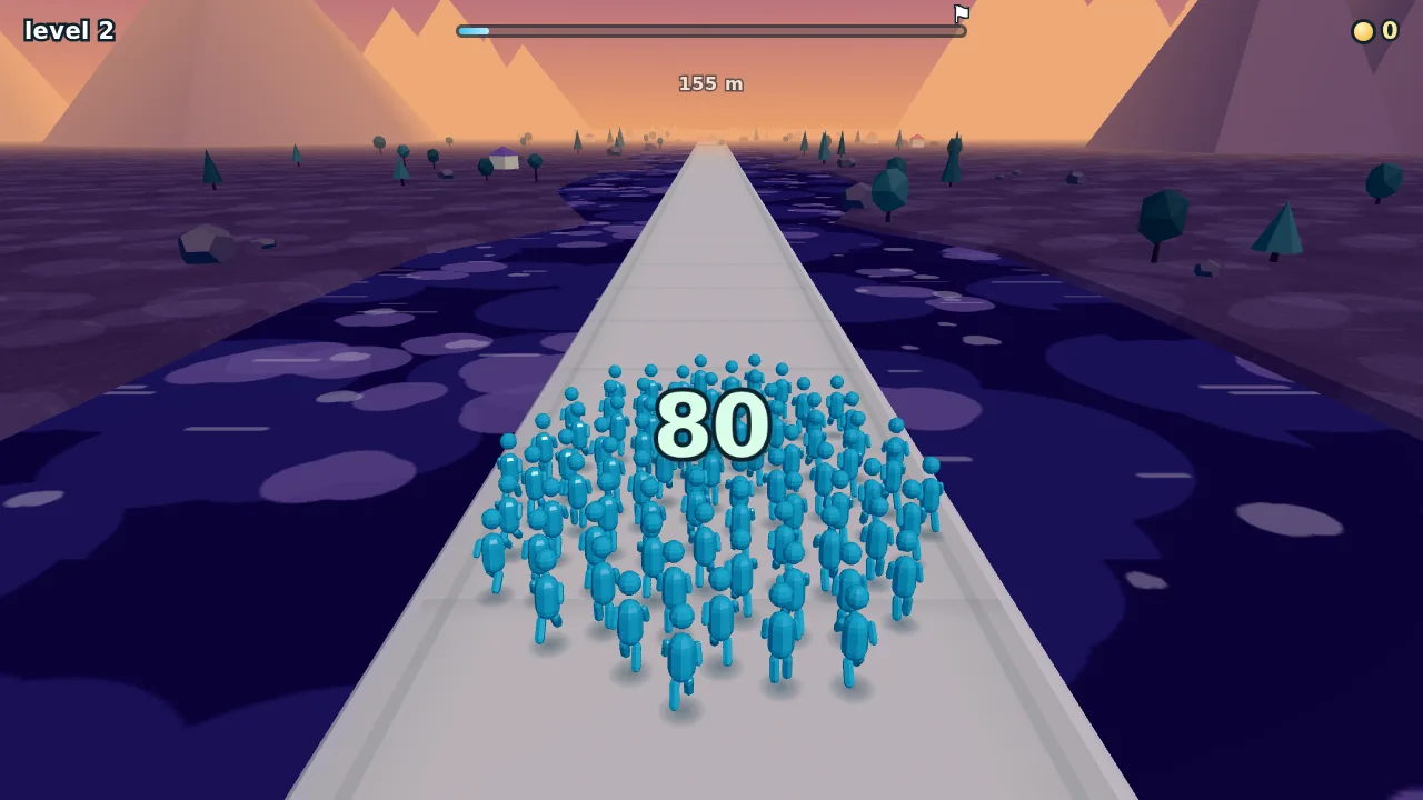 Level 2 in the dusk palette: a purple lake patterned with pale blobs, low-poly trees, rocks, houses and mountains. Sky, water, ground and props change color together from one level to the next.