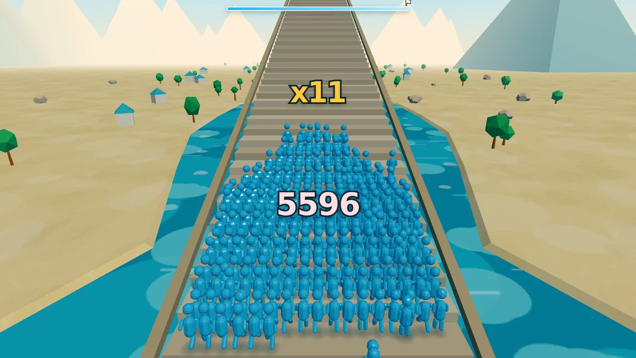 A head count of 5,596 on the staircase finale, at the ×11 step, in the turquoise-and-sand palette.
