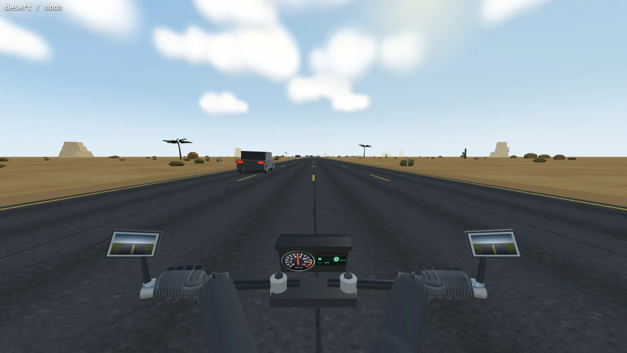 The desert at noon: sandstone mesas, palms and a cactus. This and the next six screenshots come from the agent's own test page, which shows only the world and the bike, with no HUD, and names the scene in the top-left corner.